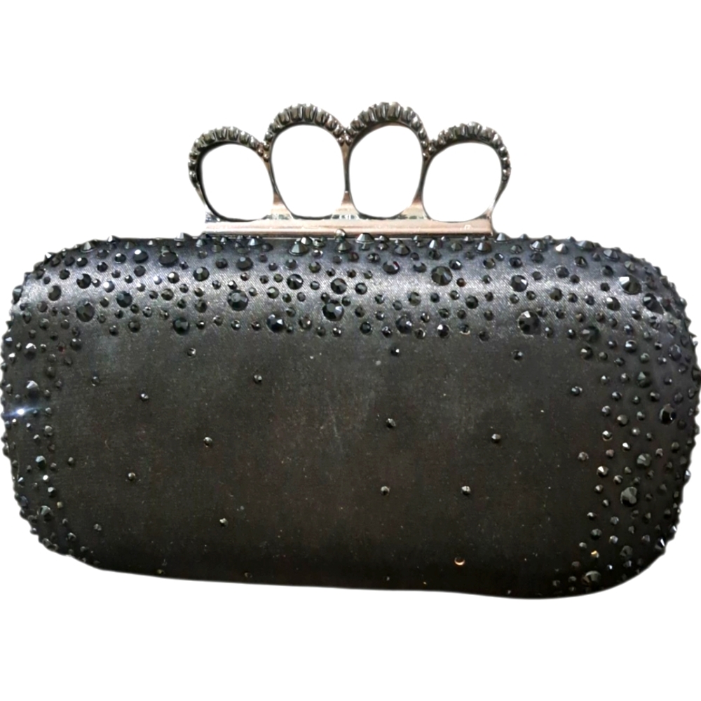 Express Black Satin & Rhinstone Kuckle Clutch